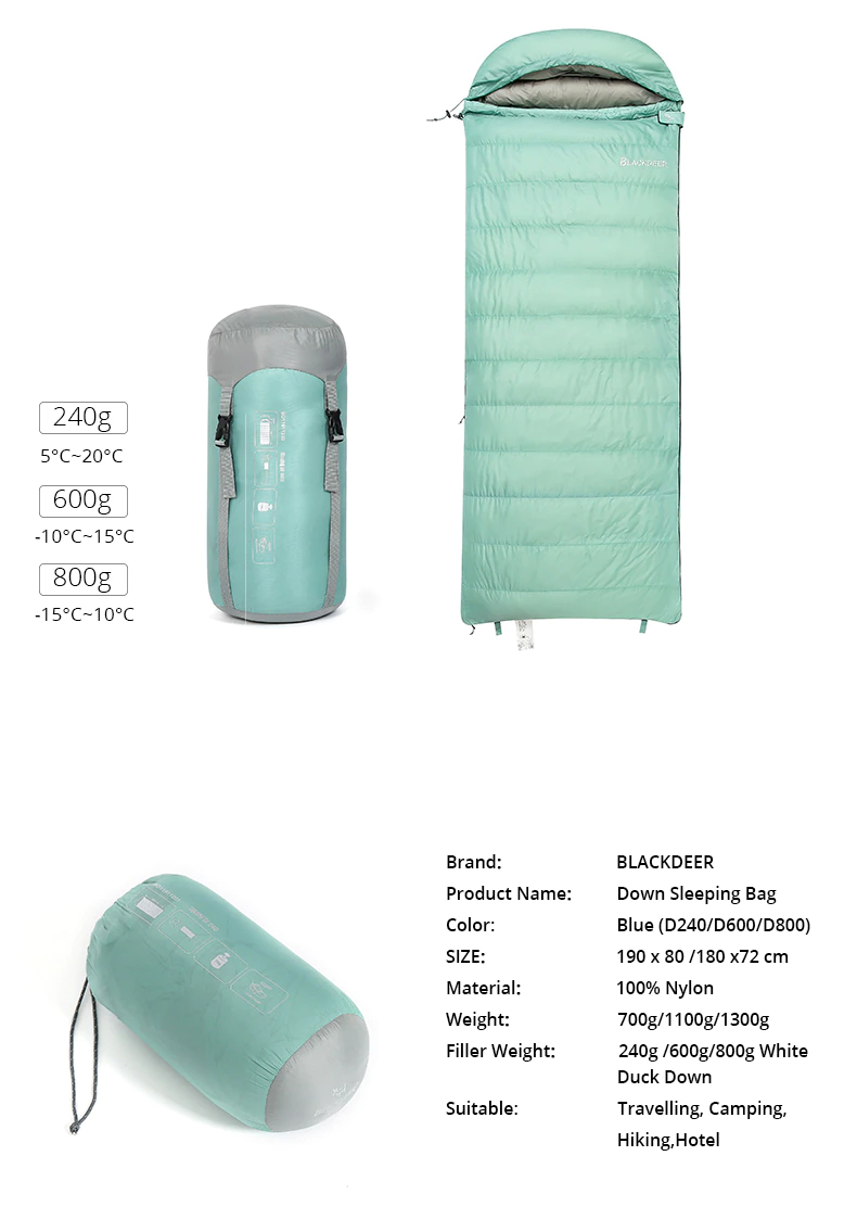 Specifications of the Ultralight White Duck Down Sleeping Bag